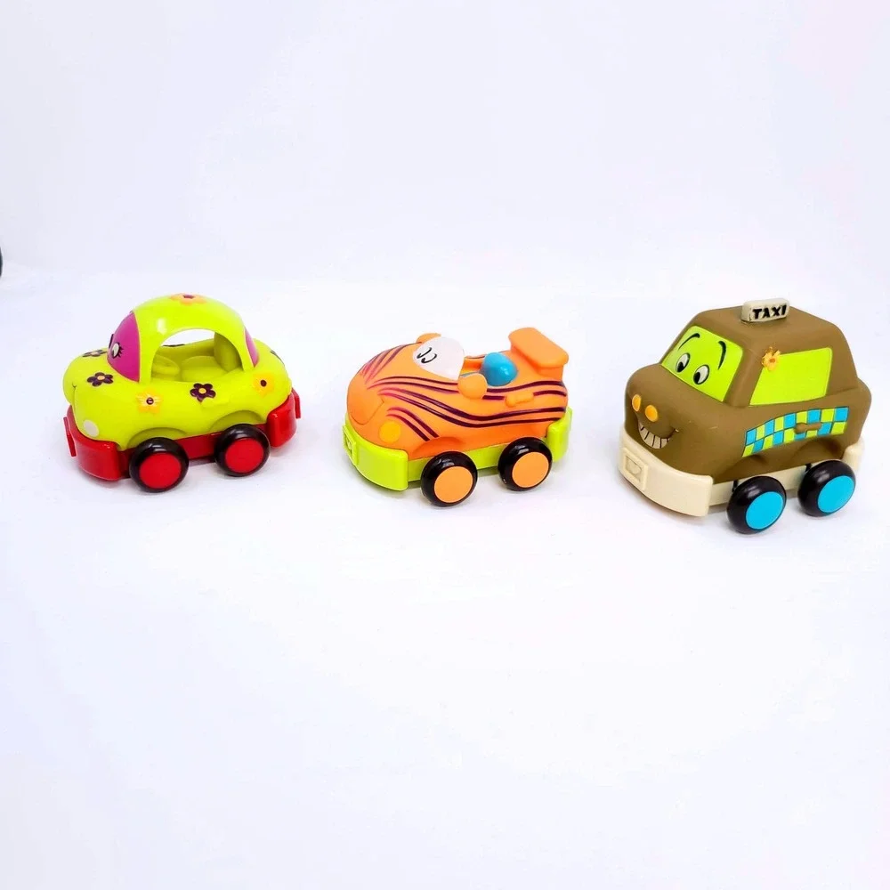VALUE BUNDLE: 3 B. Toys‎ Pull Back Toy Cars Kids Toddler Soft Squeaker Bells Lot
